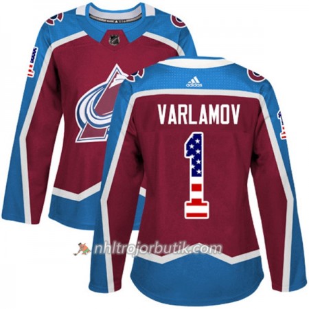 Dame Ishockey Colorado Avalanche Tröja Semyon Varlamov 1 Adidas 2017-2018 Burgundy Röd USA Flag Fashion Authentic